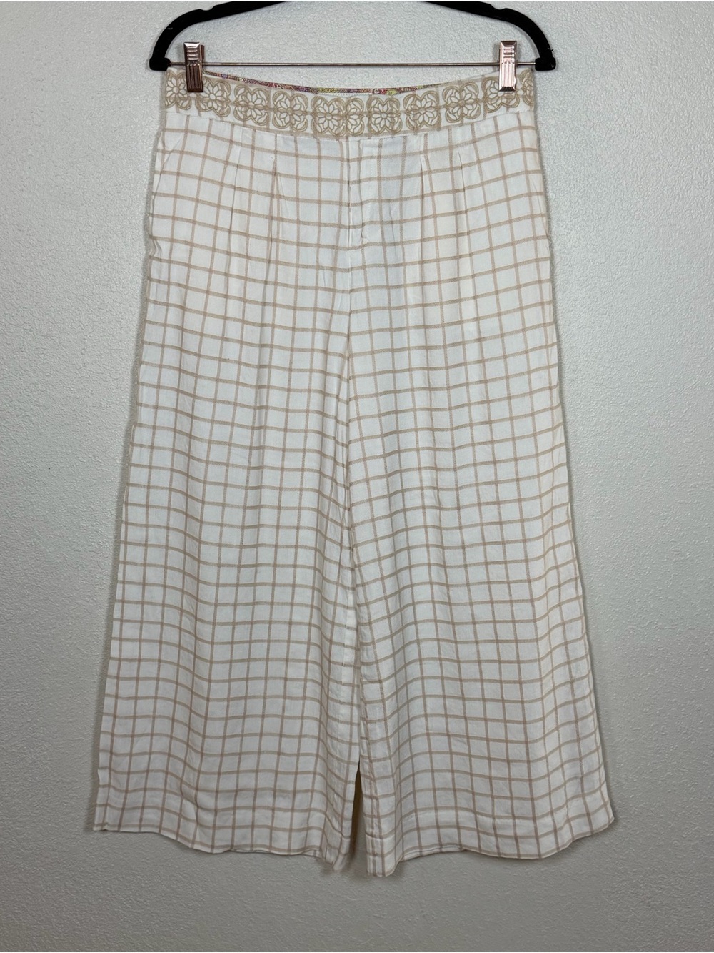 Anthropologie elevenses Windowpane Linen Blend Culottes Wide Leg Pleated Size 6